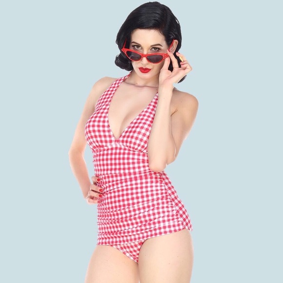 🌺New! Bettie Page Picnic Ruched Halter One Piece - Picture 2 of 5